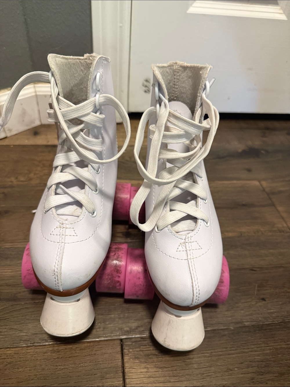 White Kids Lace-Up Roller Skates with Pink Wheels